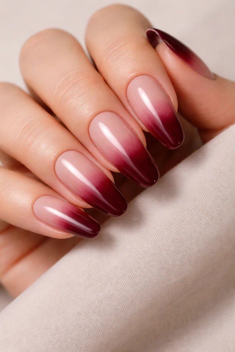 Burgundy ombre nails medium length for women over 50