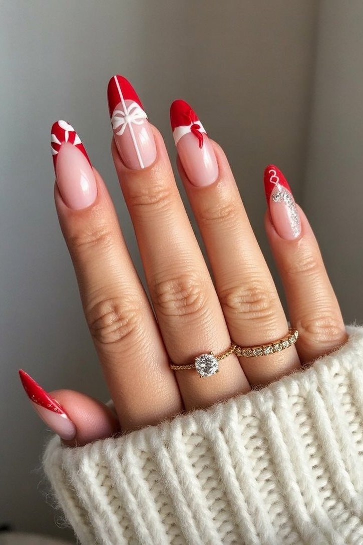 red and white festive french tip christmas nails