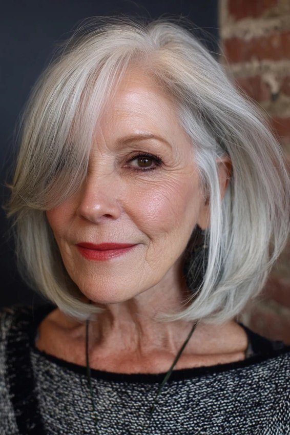 White shaggy bob with side swept fringe for women over 60, front view