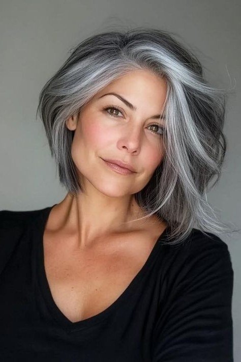 salon fresh short silver bob, front view