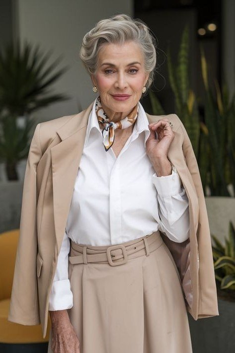 Camel blazer with white shirt and belted camel skirt for women over 60
