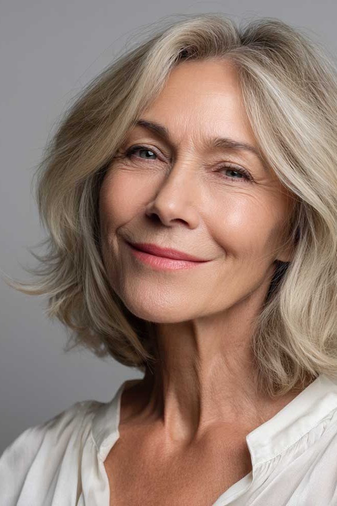 Blonde wavy lob, front view, woman in her 60s