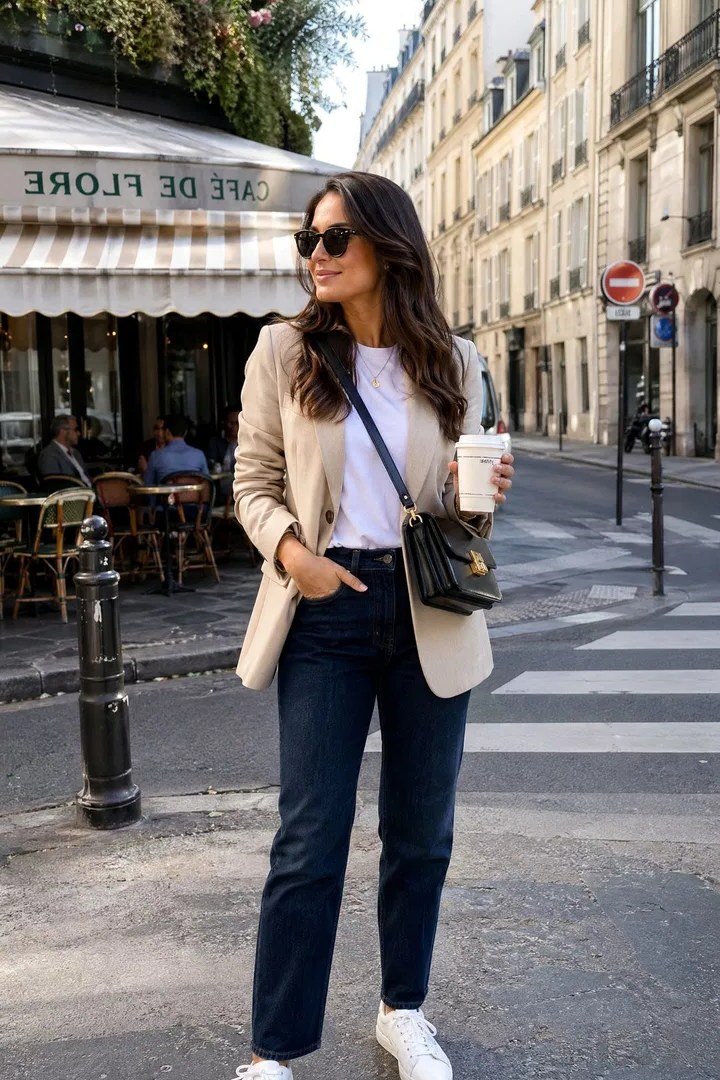 Beige blazer with white tee dark jeans and sneakers, casual work outfit for women over 40