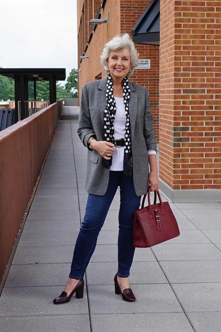 Grey Blazer With a Polka Dot Scarf and Blue Jeans, smart casual outfit for women over 50