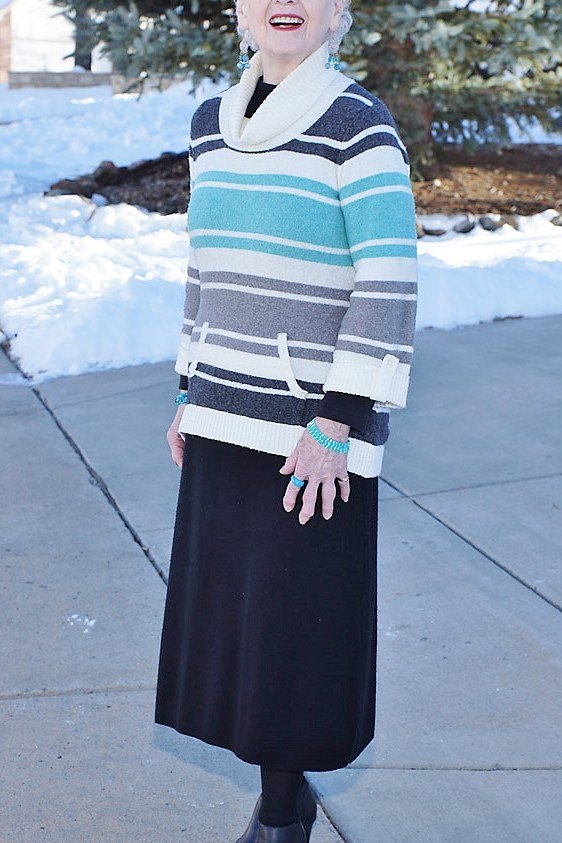 striped teal and gray cowl neck sweater with black midi skirt church outfit for women over 60