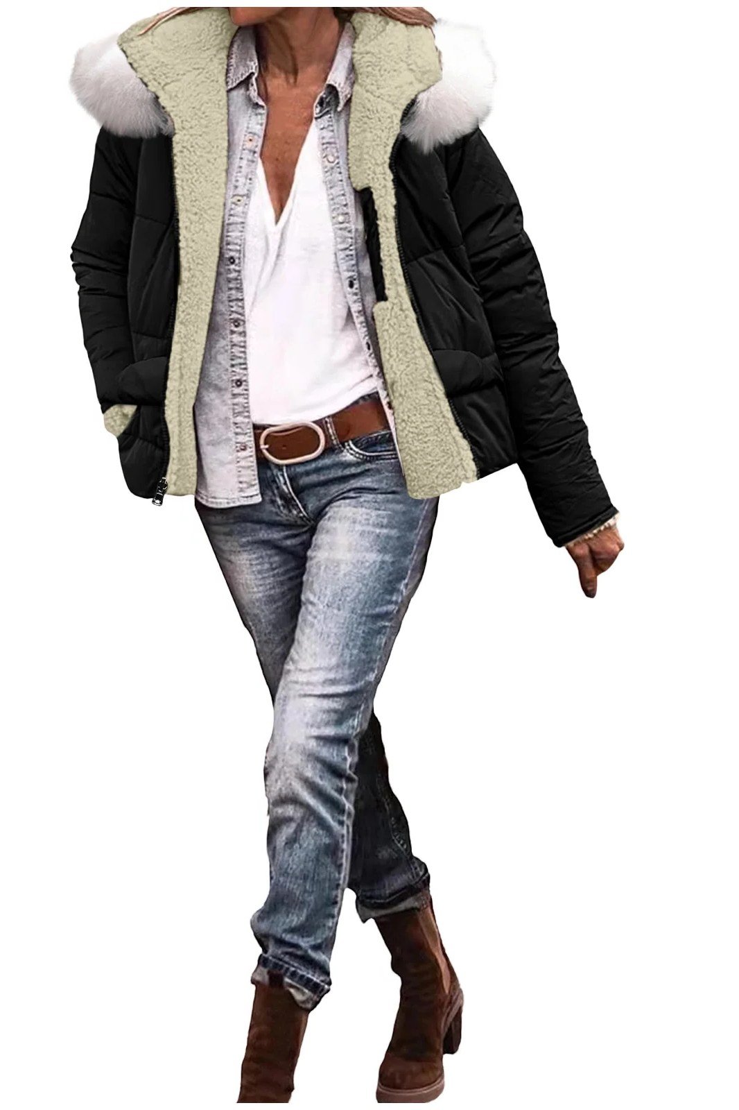 black puffer jacket, white shirt and jeans fall outfit for women over 60
