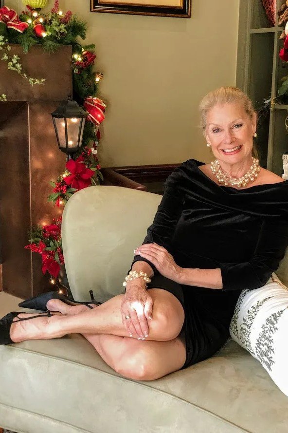 Black velvet off-shoulder cocktail dress for women over 50