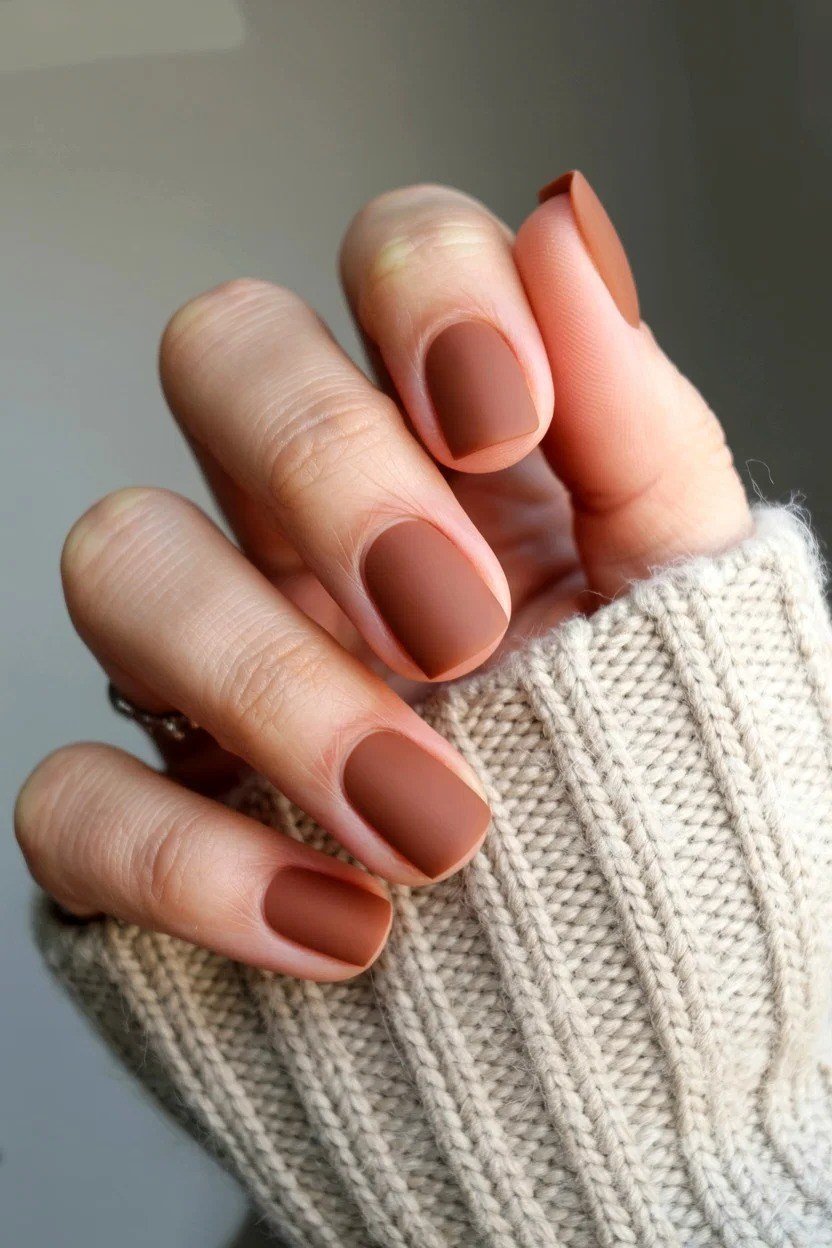 Terracotta Nude Short Sweater Cuff - elegant nude nail design for women over 60