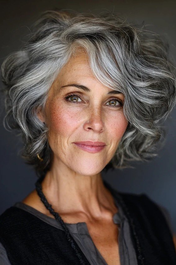 wavy silver bob for women over 50, front view