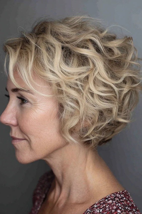 Blonde curly bixie haircut side view for women over 60