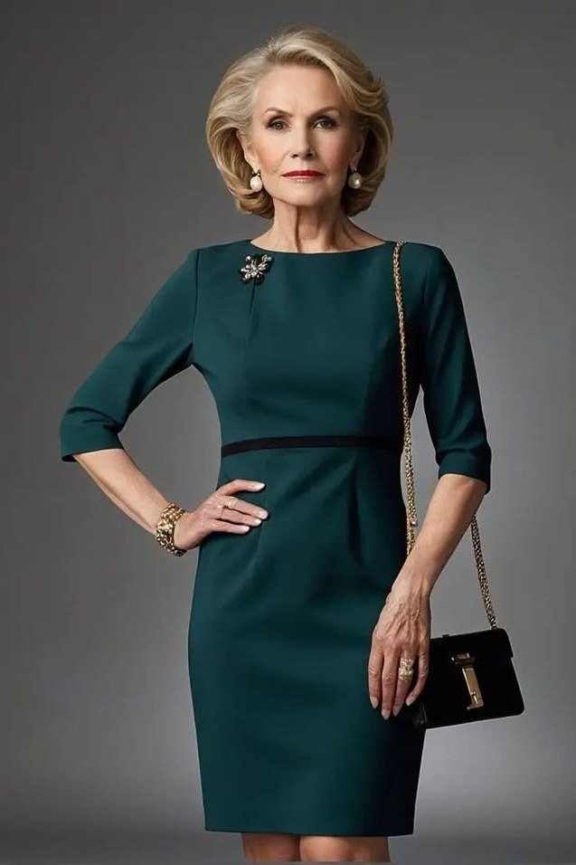 emerald sheath dress, older woman, elegant cocktail dress for women over 60