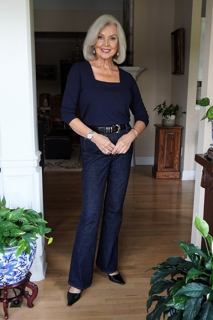 navy three quarter sleeve top dark flare jeans black belt pointed flats women over 50