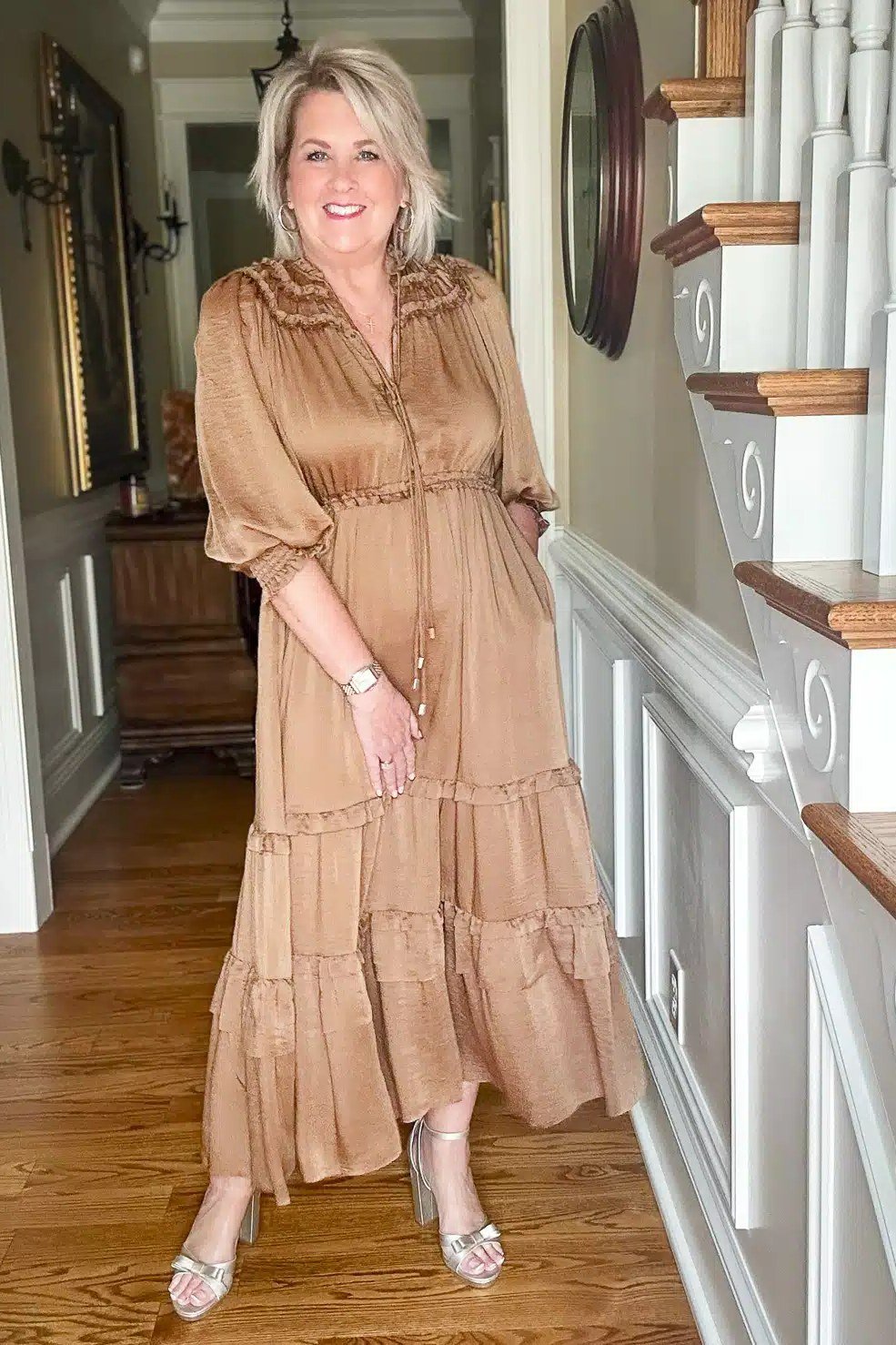 Champagne tiered midi dress champagne tiered midi dress 50s staircase - fall outfit idea for women over 40