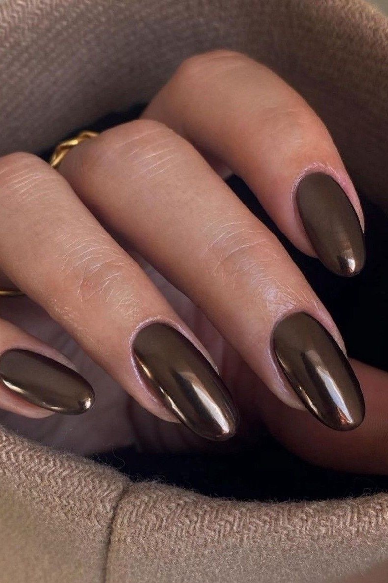 Chocolate Chrome Almond Nails - brown nail idea for women over 50