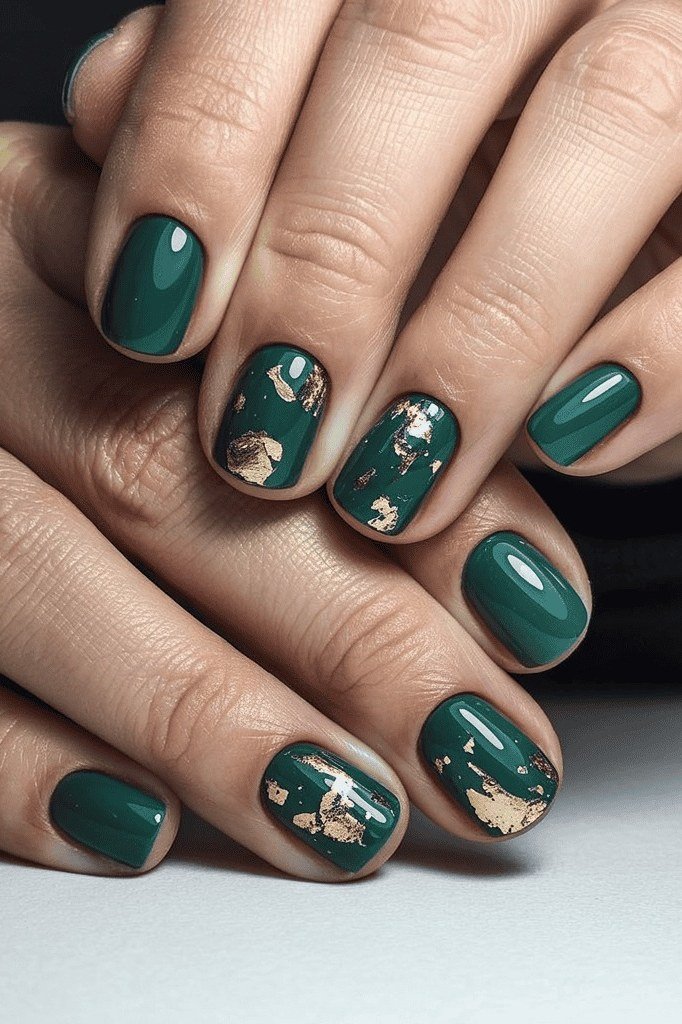 Emerald Nails With Gold Foil - winter nail trend for older women over 70