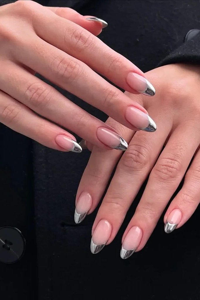 Silver Micro French Tips on Pink - chrome nail designs for women over 60