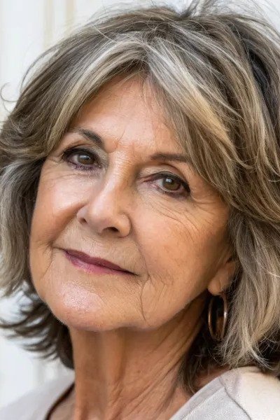 Chic Grey Brown Shag with Bangs - medium shag haircut for women over 40