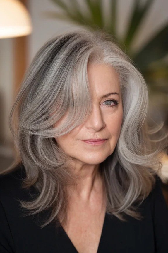 Silver Medium Layers that Frame the Face, medium hairstyle for women over 70