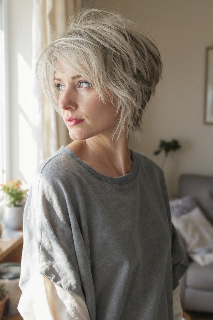 Blonde wispy pixie with longer fringe and soft waves