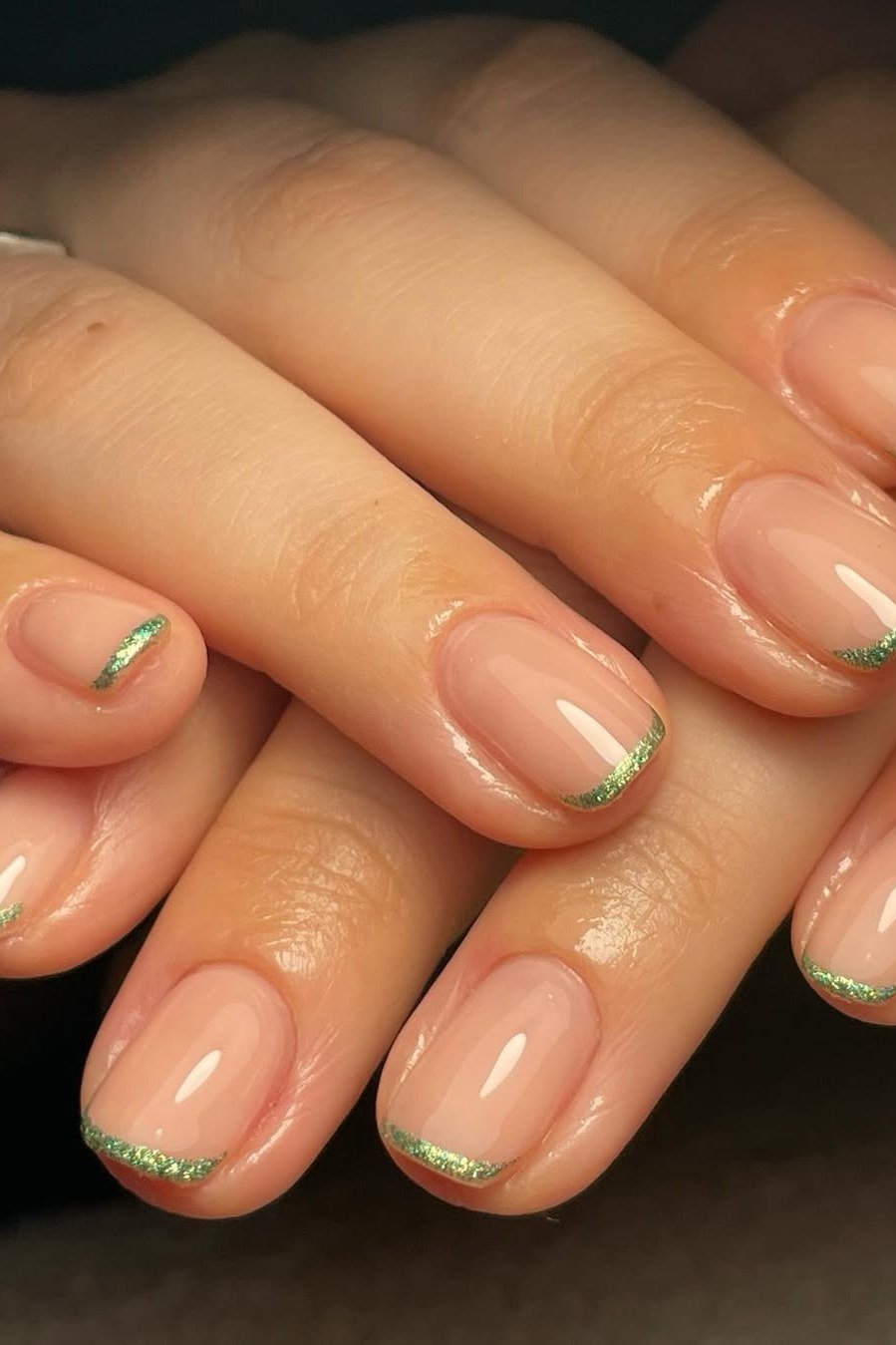 Festive Green Glitter - micro french manicure with ultra-thin tip line, elegant nail design for women over 50