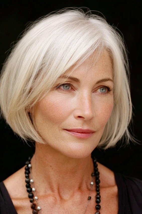 platinum blonde bob, front view — chin-length layered bob hairstyle for women over 50