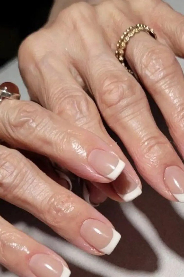 French Tips with Gold Rings, nail color idea for women over 60