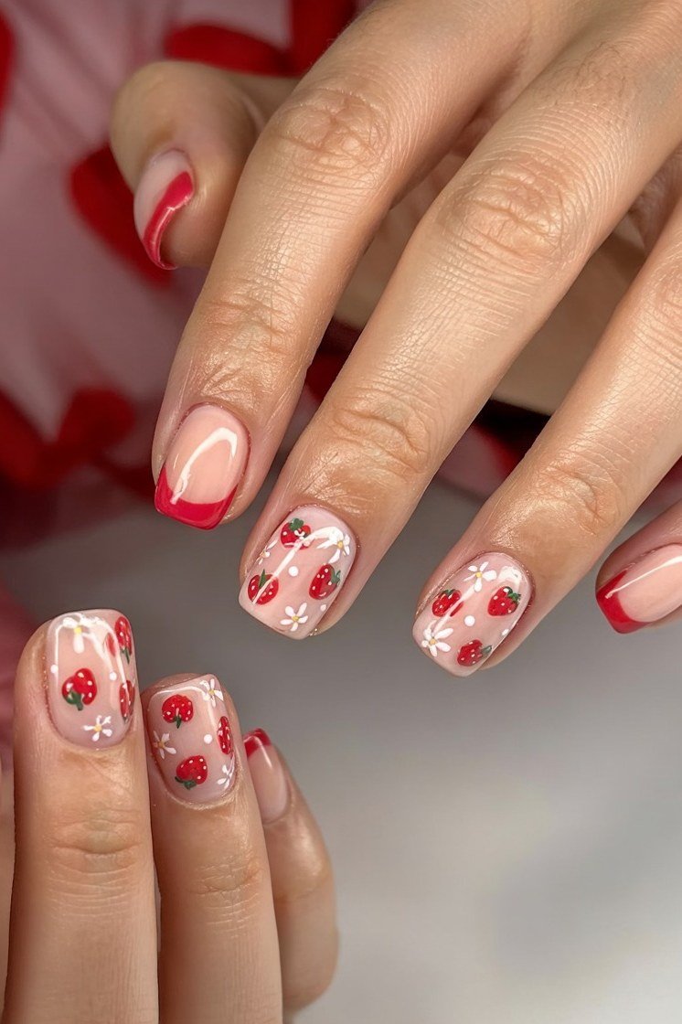 Red french tips with tiny strawberry art, sheer pink base