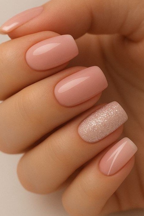 nude pink square nails with champagne glitter accent nail