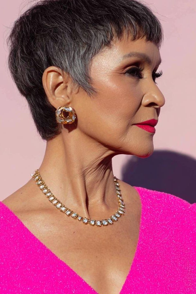 Dark Pixie with Pearls - bold edgy pixie haircut for women over 50