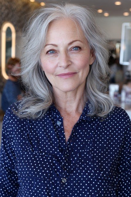 Long silver wavy medium cut with a middle part for women over 60