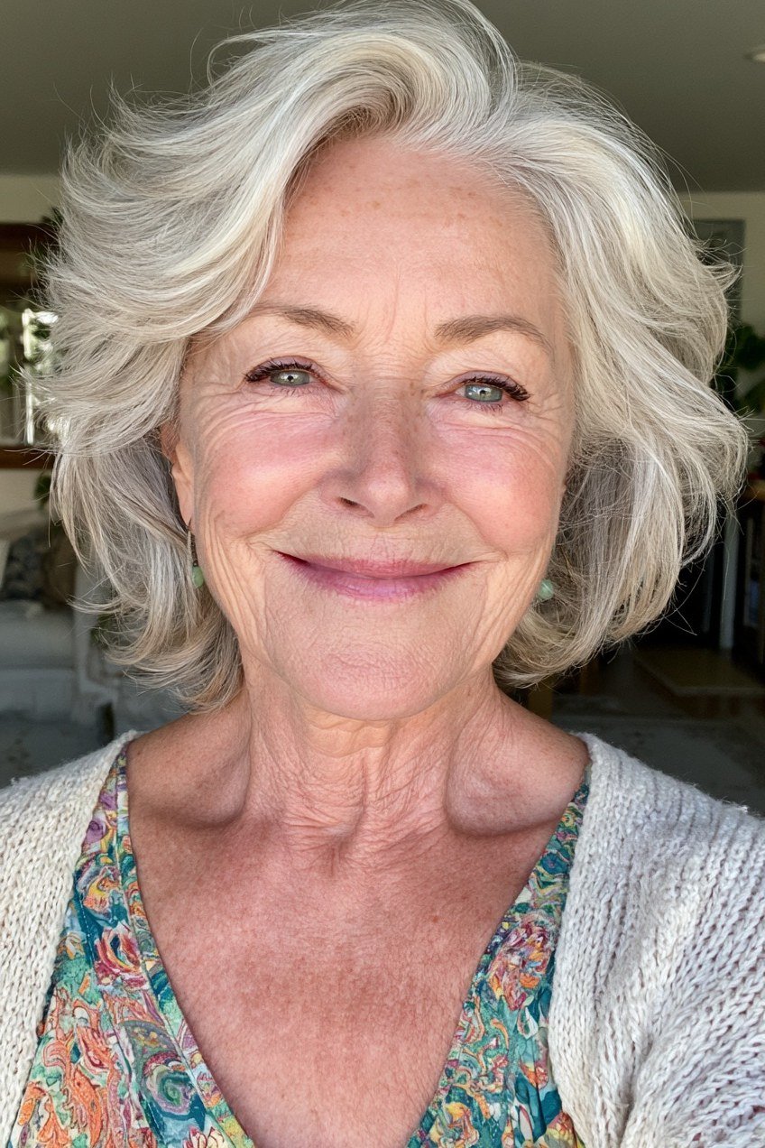 White Wavy Layered Bob for women over 60