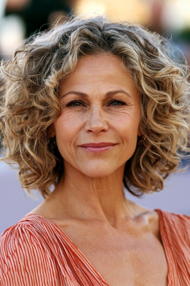 Classic blonde curly lob, front view, mature woman