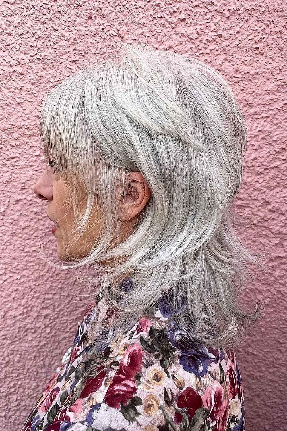 Silver Feathered Shoulder-Length Lob - medium hairstyle for women over 60