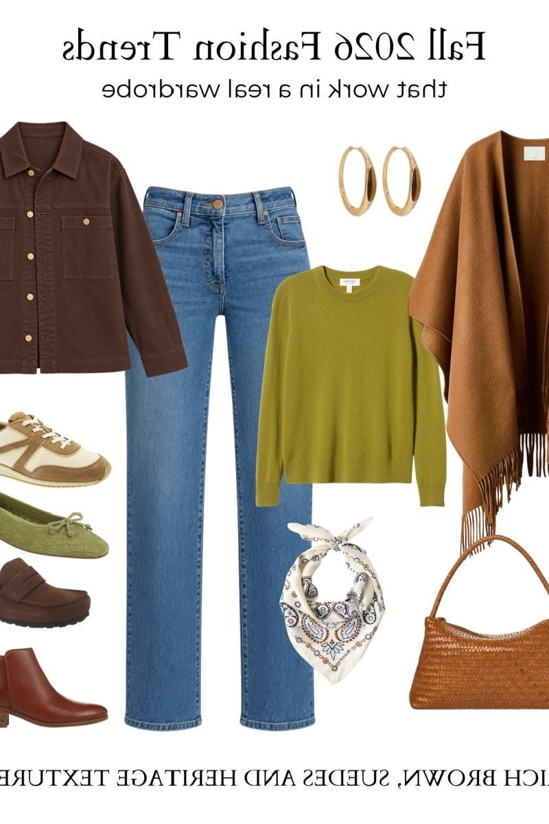 Camel Poncho with an Olive Sweater (Flat Lay) on a woman over 50, fall outfit idea