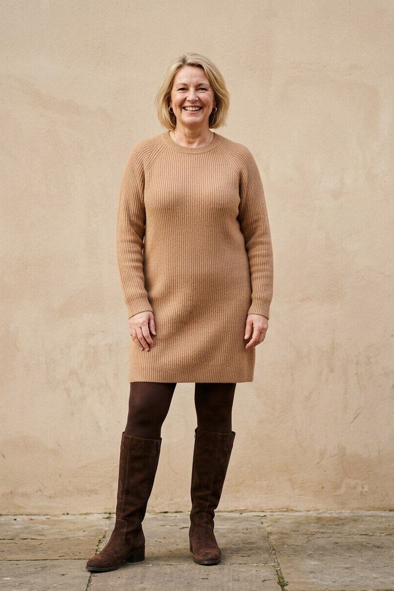 Camel sweater dress with brown knee-high boots, cozy fall outfit for women over 50