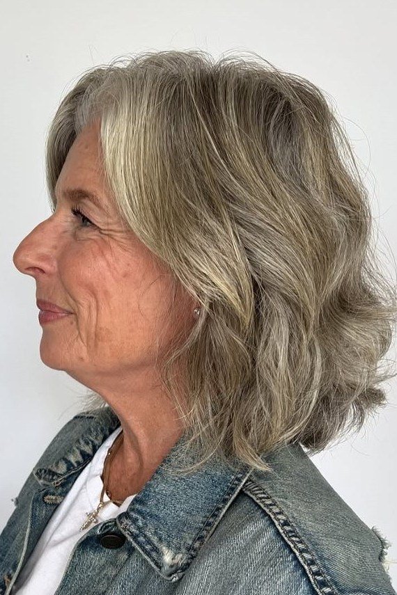 Feathered Grey Bob hairstyle for women over 60