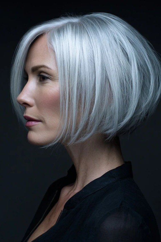 White stacked bob haircut for women over 60