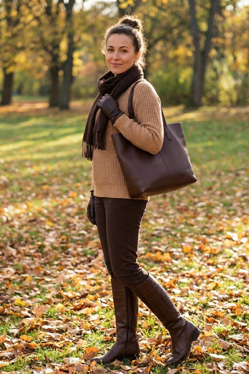Camel Sweater with Tall Brown Boots - fall outfit for women over 40