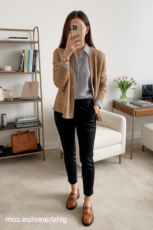 Work outfit for women over 40: camel cardigan with black trousers