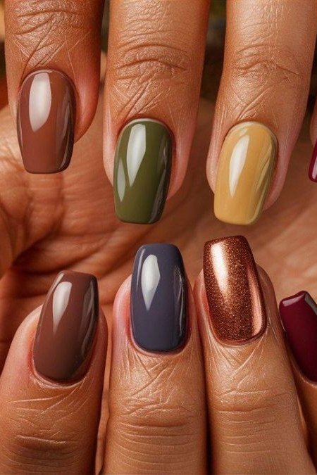 Fall-Tone Nails with an Autumn Leaves Background, fall nail color idea for women over 50
