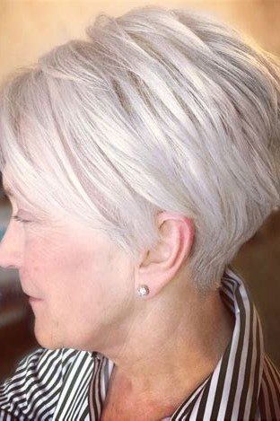 White pixie, profile view, micro pixie cut for women over 60 going silver