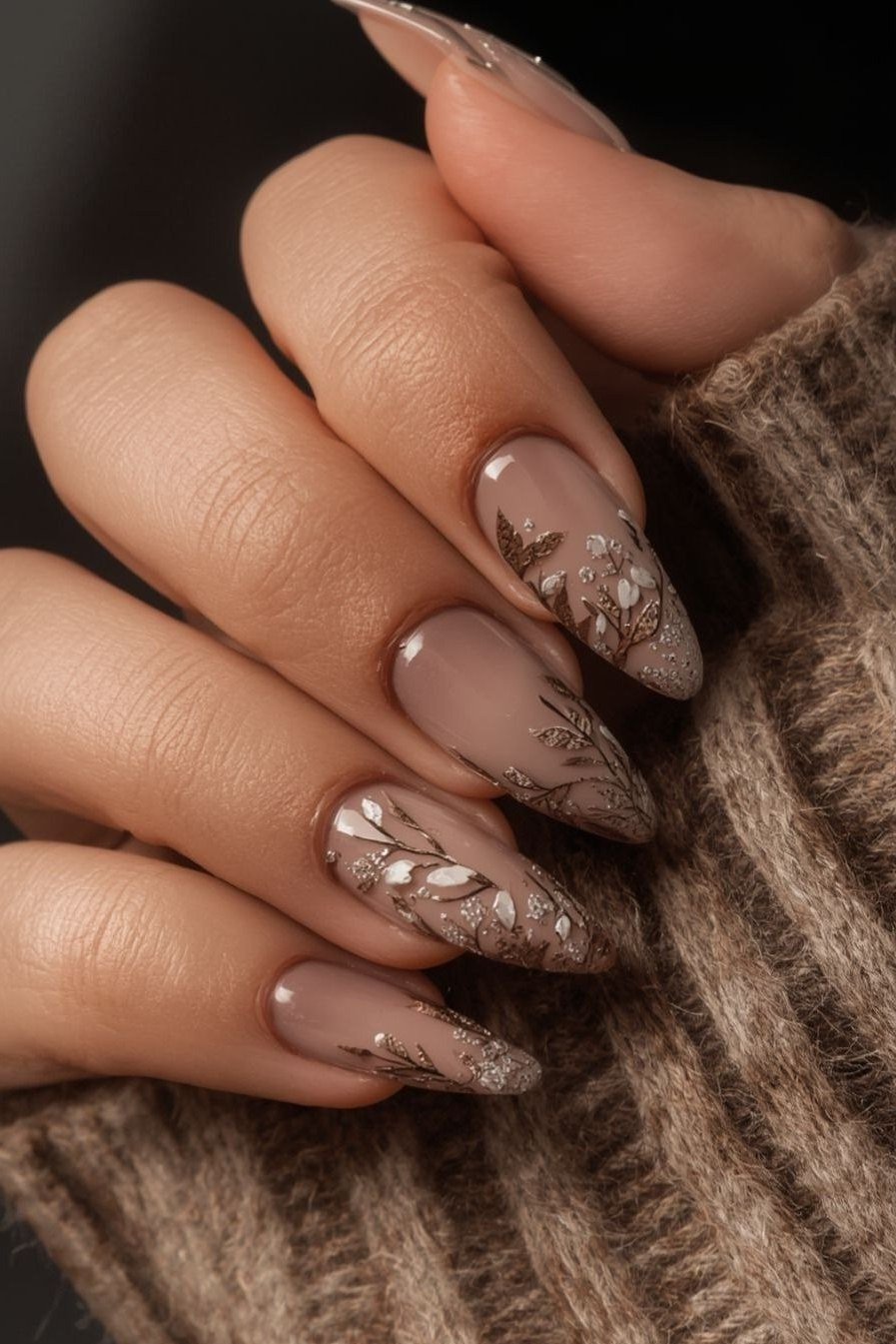nude nails with bronze gold leaf art