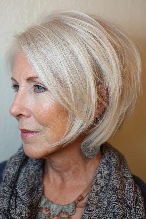 Blonde layered bob, 3/4 side view, classic hairstyle for women over 70