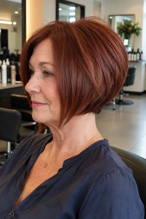 Copper red bob side view, salon, short layered bob hairstyle for women over 60