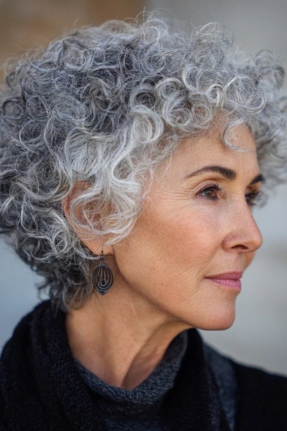 Silver spiral-curl shaggy layered bob, side view, curly silver bob haircut for women over 50
