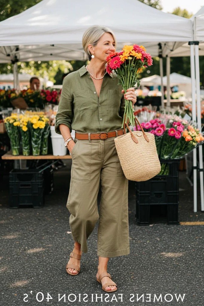 Olive button shirt with olive cropped trousers, a straw tote, and a brown belt, flower market weekend outfit for women over 40