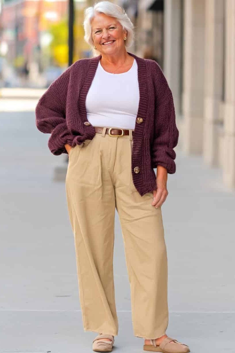Casual fall outfit for women over 60: navy turtleneck, white jeans, navy flats