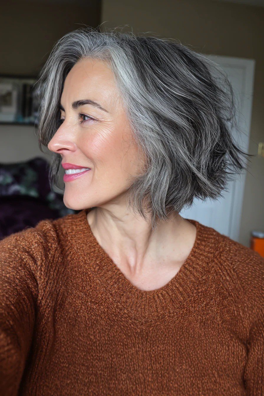 Silver wavy bob, side view, smiling - wispy hairstyle for women over 40