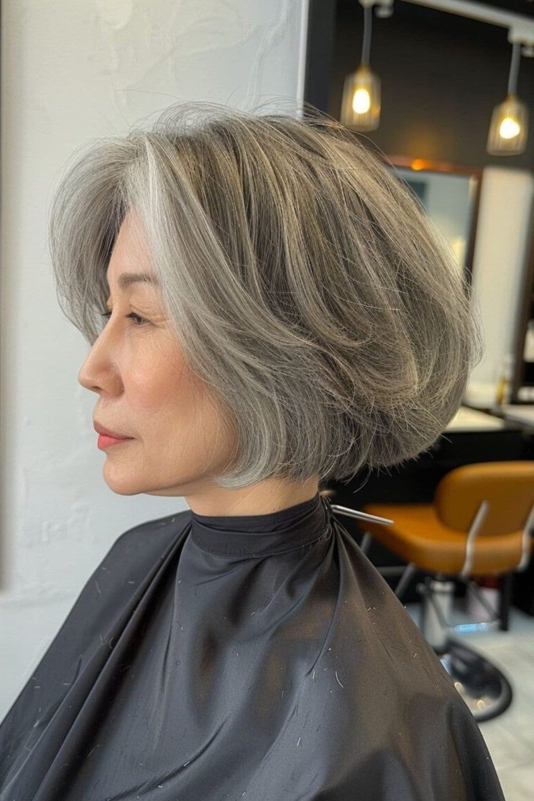 Precision Grey Layered Bob, layered hairstyle for women over 70