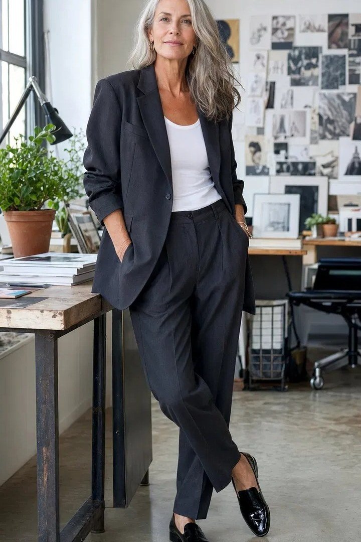 Charcoal suit white top, grey-haired woman leaning at office desk - business casual work outfit for women over 50